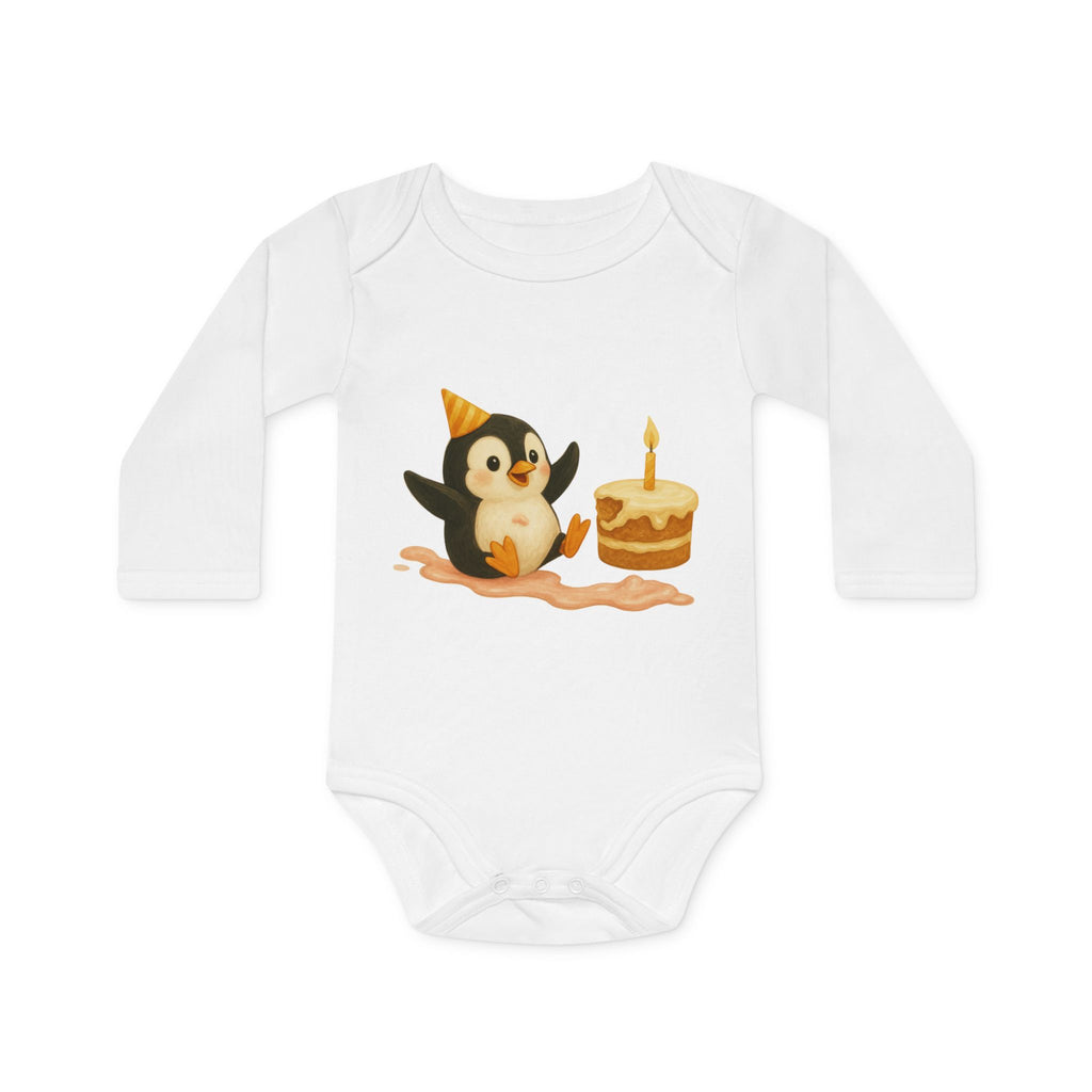 'Penguin with Cake having fun' baby bodysuit long-sleeve
