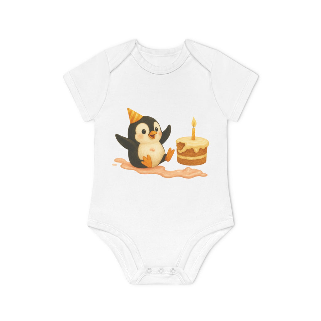 'Penguin with Cake having fun' baby bodysuit short-sleeve